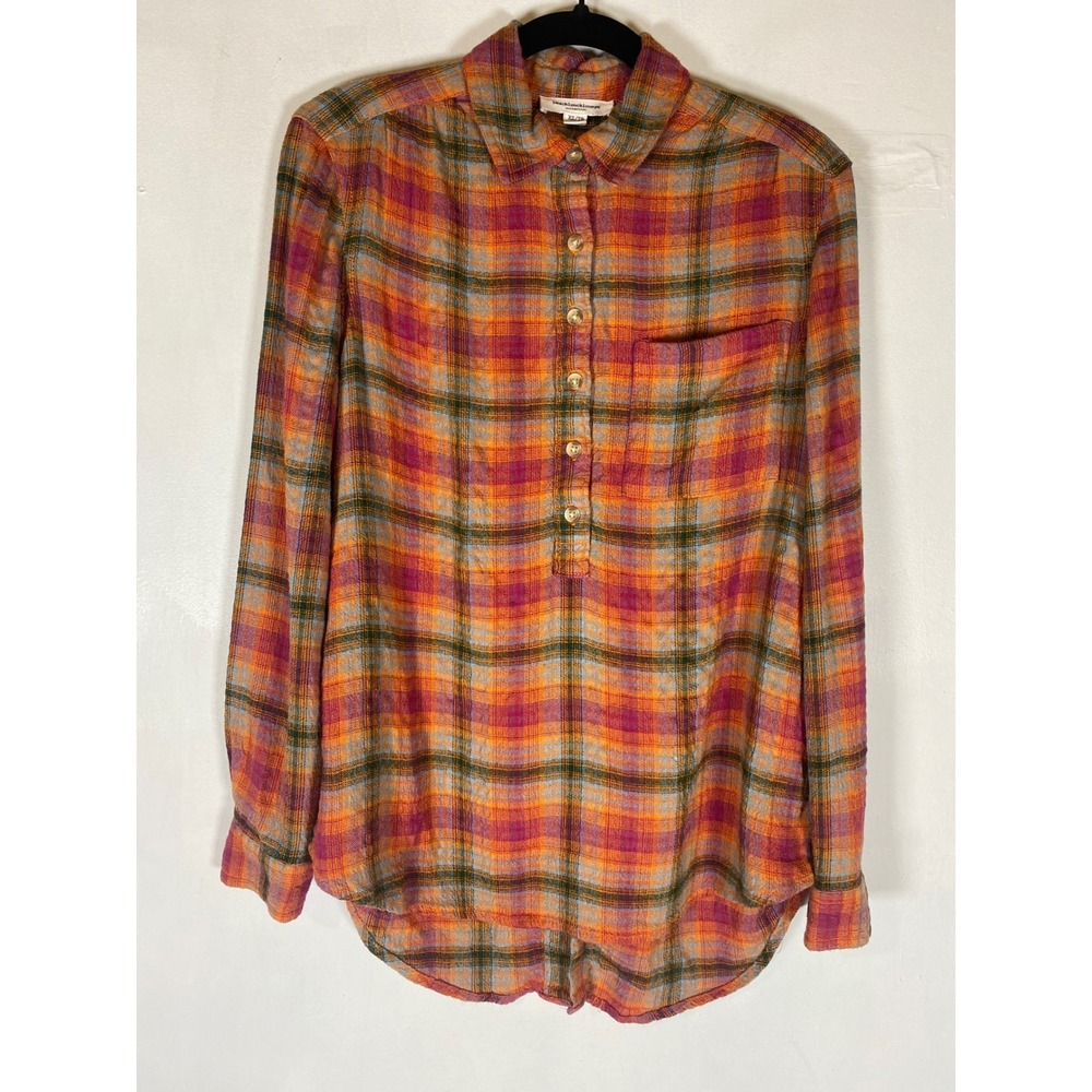 BeachLunchLounge Plaid Popover Shirt XS Orange Pink Green Rayon Stretch Pocket